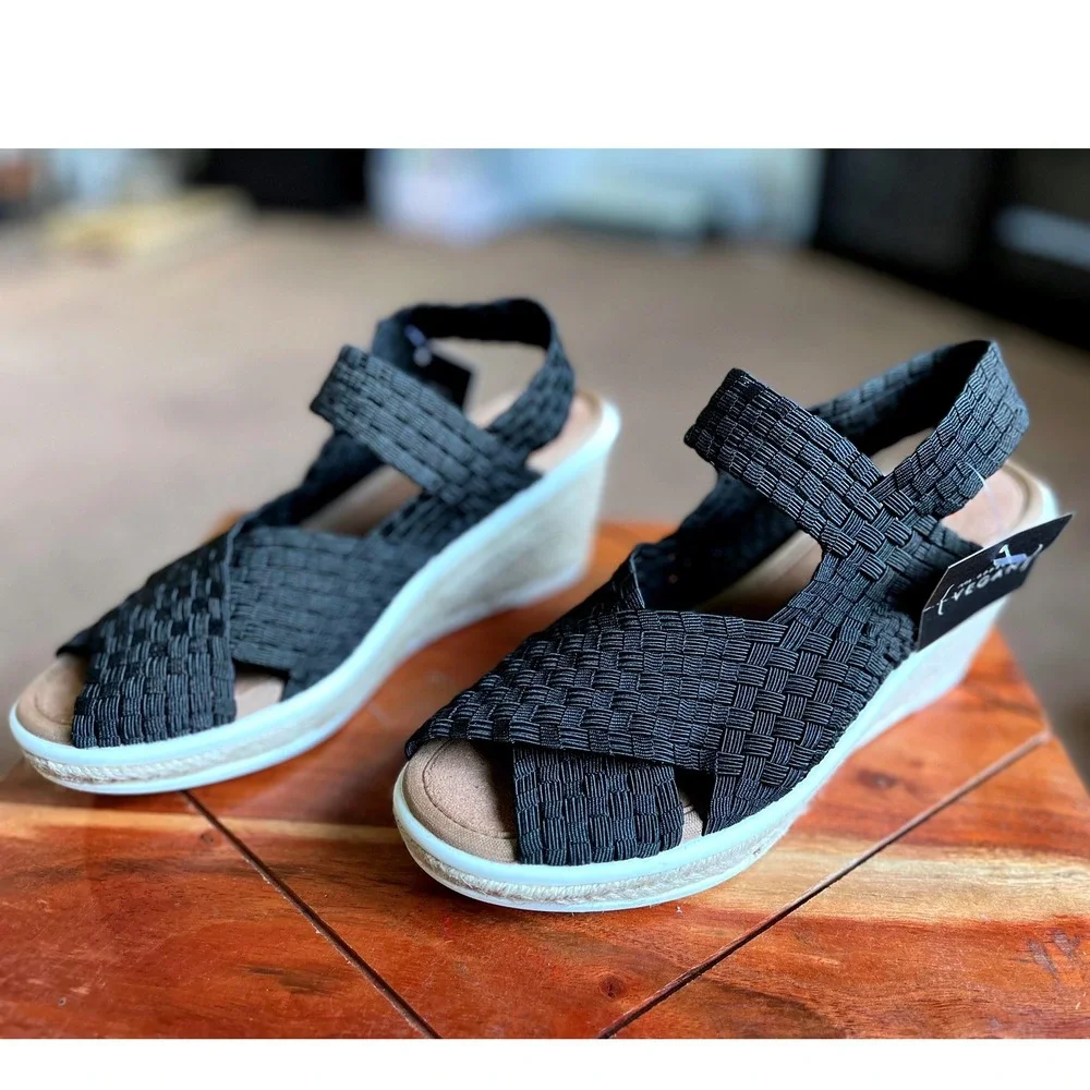 Bernie Mev Espa Buttercup Black Woven Elastic Espadrille Wedge Sandals Size 37/6